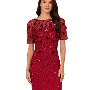 Adrianna Papell Cranberry Floral Embellished Boat Neck Dress Size 14